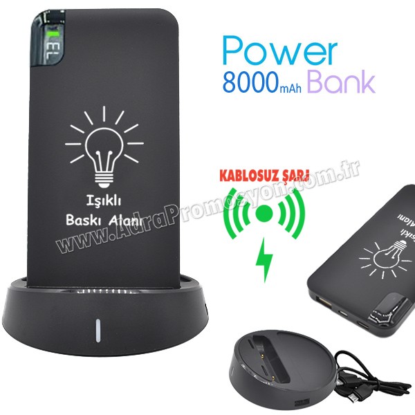 Kablosuz Toptan Powerbank 8000 mAh - Işıklı Baskı - 2 Çıkışlı APB3833