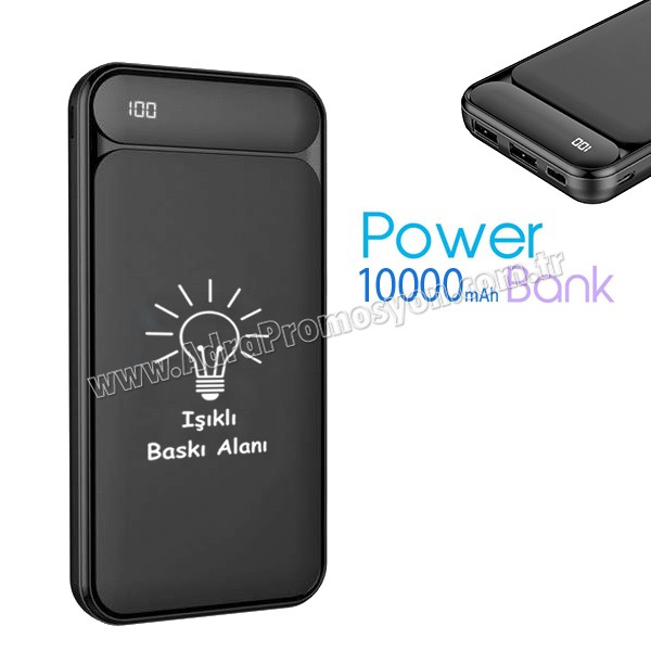 Harici Şarj Aleti 10000 mAh - Işıklı Baskı Alanı - 2 Çıkışlı APB3821