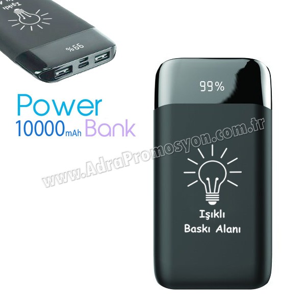 Li Polymer Power Bank 10000 mAh - Işıklı Baskı - Dijital Göstergeli - 2 Çıkışlı APB3822