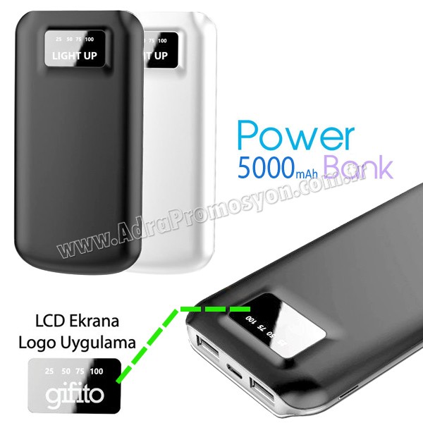 Eşantiyon Powerbank 5000 mAh - Işıklı Baskı - Dijital Göstergeli APB3835